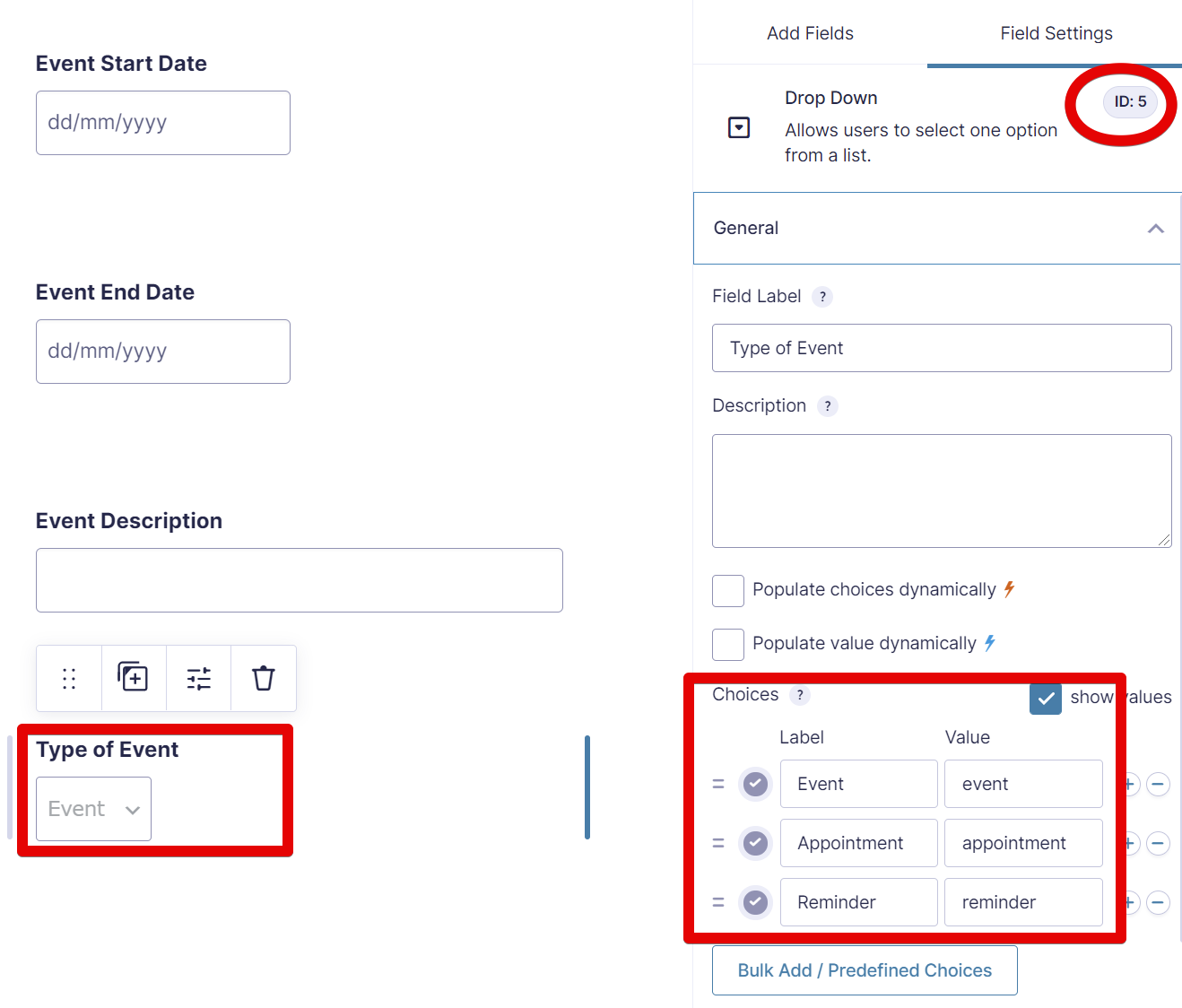 Form interface with fields for event details and customizable "Type of Event" dropdown settings