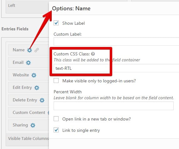 Options panel for Name field, with a custom CSS class set as "text-RTL" for adding right-to-left text support