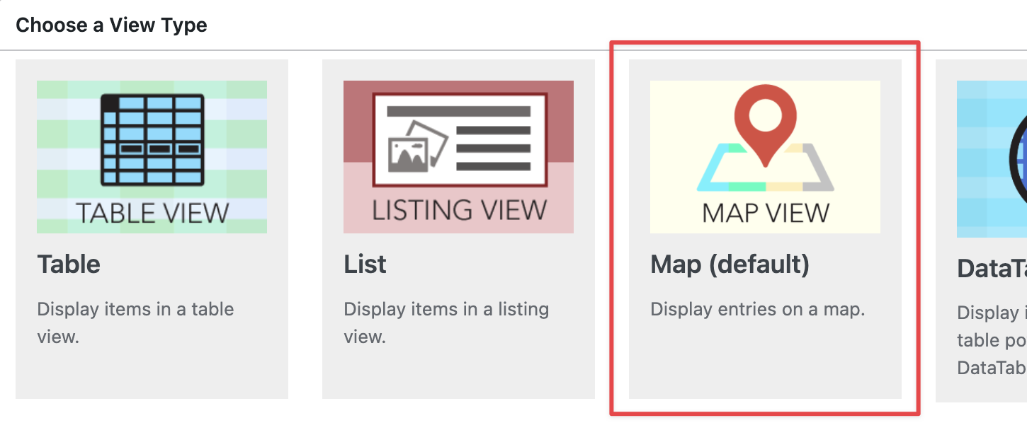 Map view option selected as default among table, list, and data table views