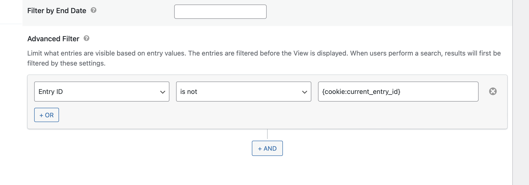 Advanced filter setup showing exclusion of current entry ID using a cookie value