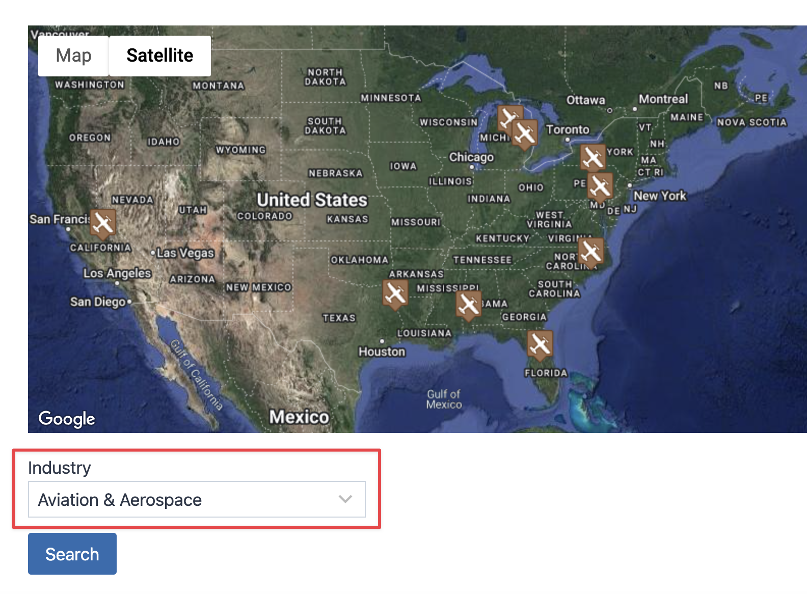 Map showing aviation industry locations in the USA with airplane icons as markers