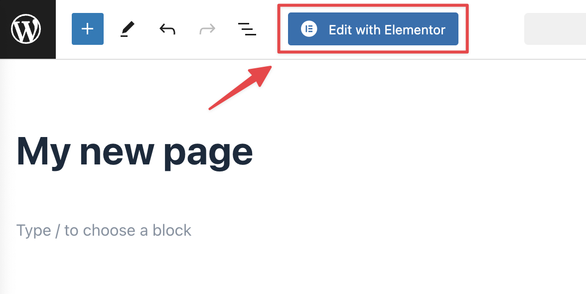 "WordPress page editor with 'Edit with Elementor' button highlighted."