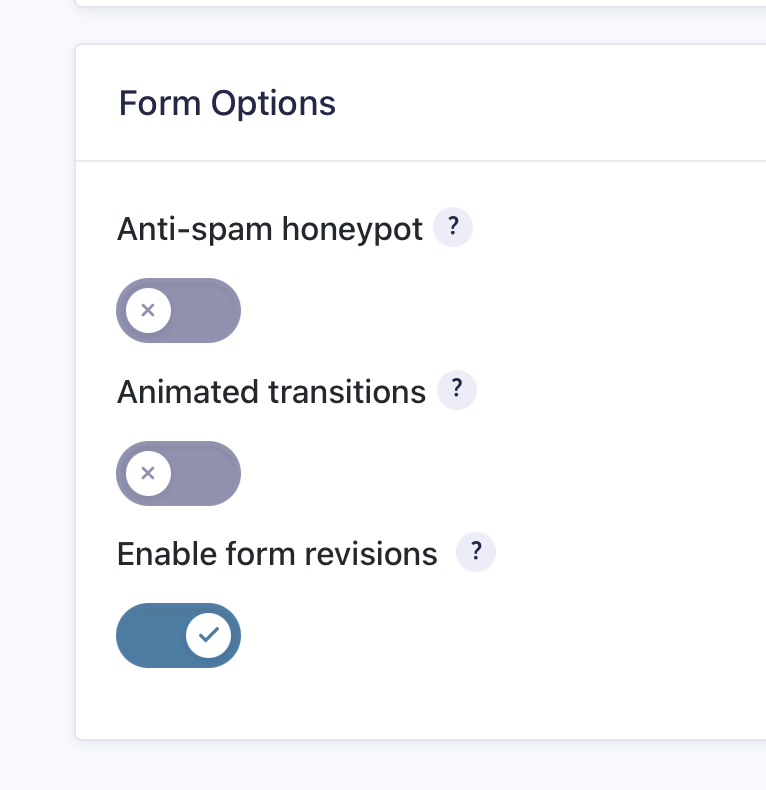 Form options showing anti-spam, animated transitions, and form revisions toggles
