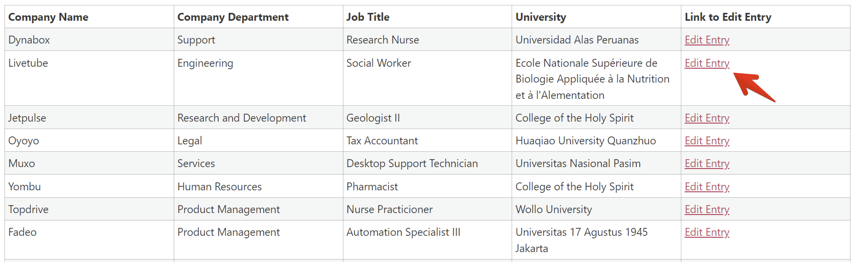 Table showing company details with links to edit entries