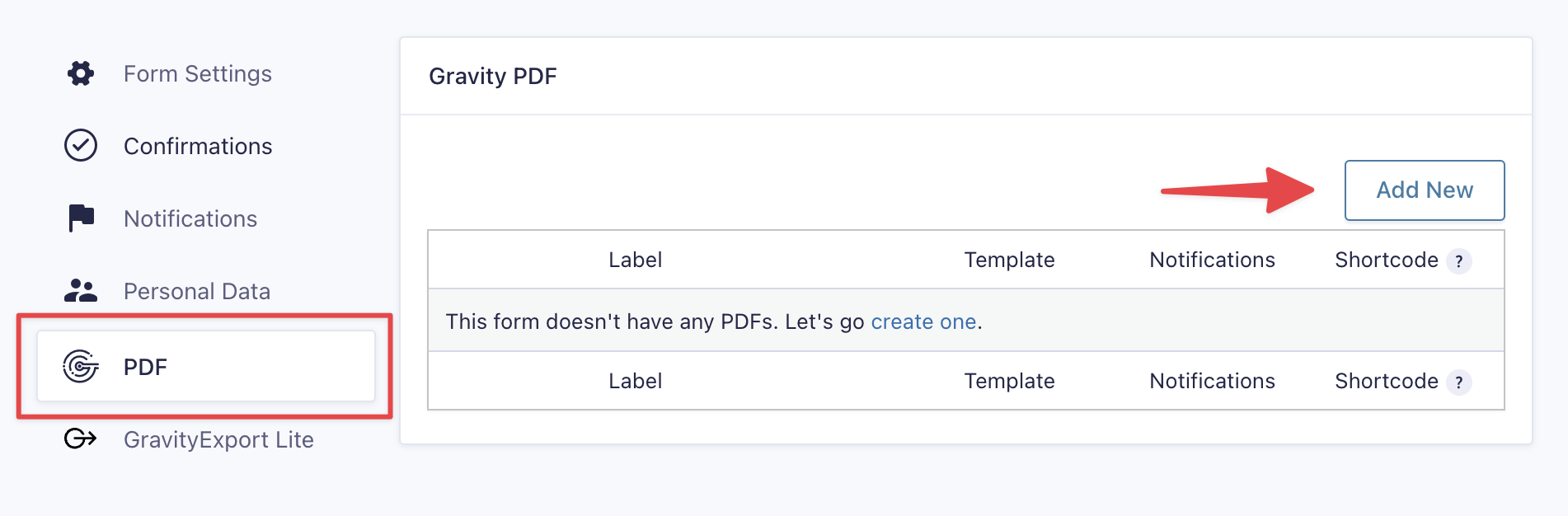 "Gravity PDF settings interface with 'Add New' button highlighted for creating PDFs."