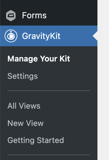GravityView plugin menu: Manage Your Kit, Settings, All Views, New View, Getting Started