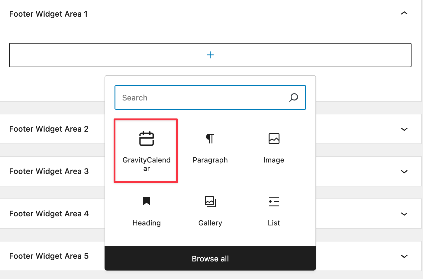 GravityCalendar widget highlighted in block editor's footer widget selection panel