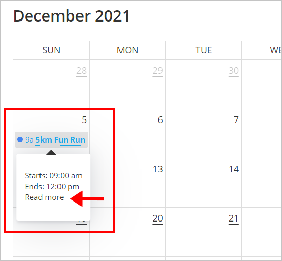 Event details popup for a 5km Fun Run on December 5, 2021, with start and end times and Read more link