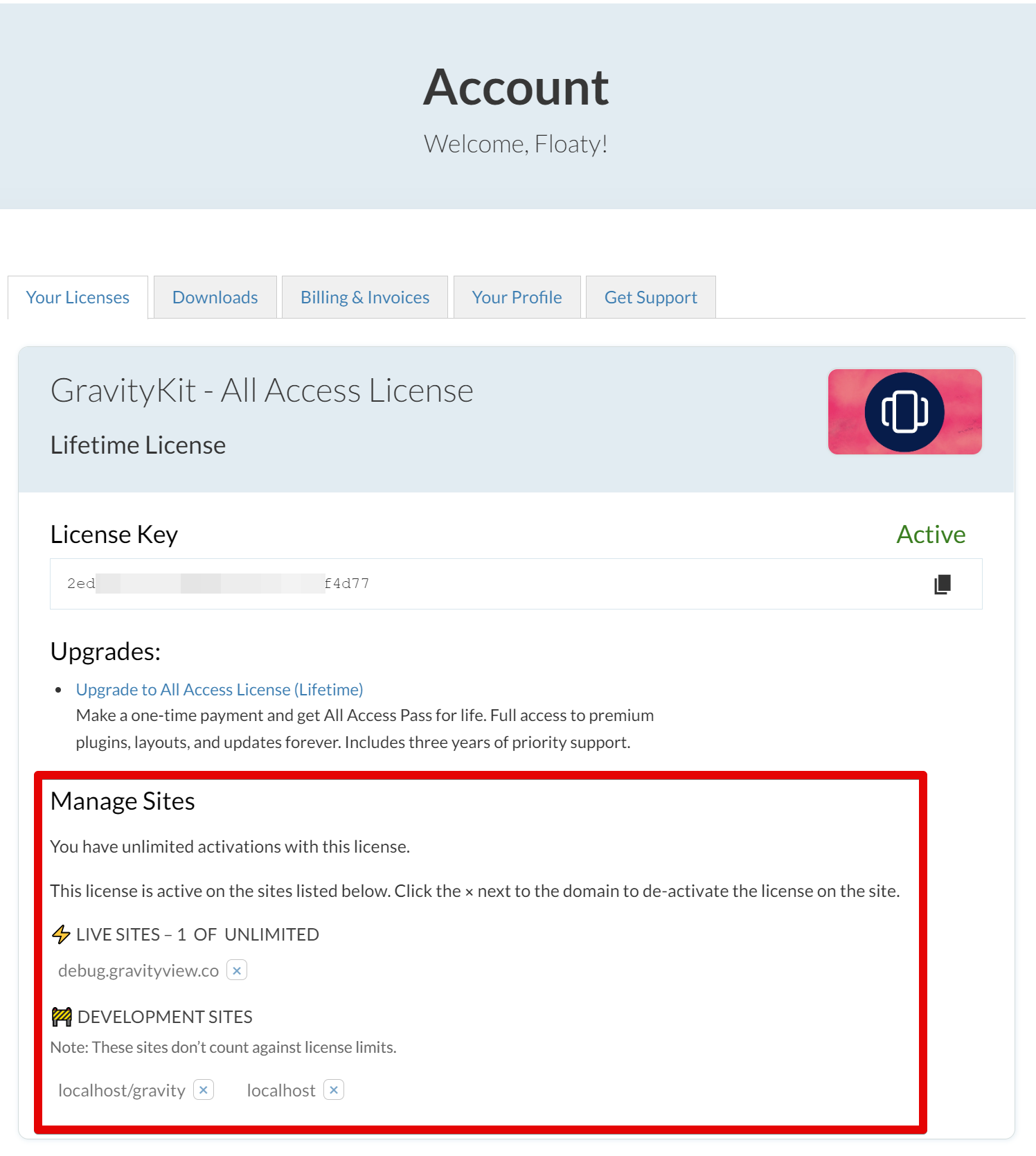 GravityKit account page showing active license key and site management options