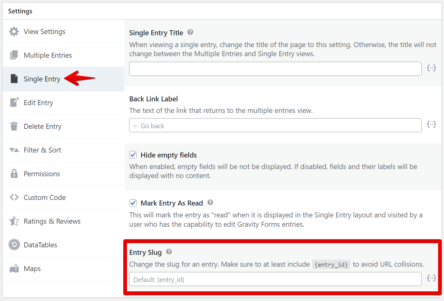 Settings menu for customizing "Single Entry" fields, including title, back link label, and entry slug to prevent URL issues