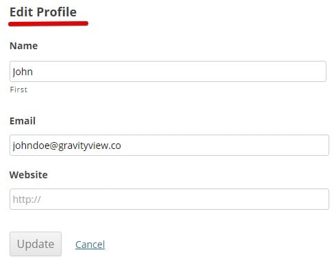 Edit Profile page with fields for Name, Email, Website, and buttons for Update and Cancel