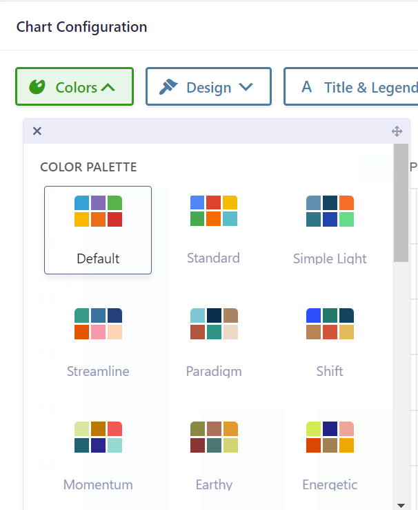Chart color palette selection dropdown with various preset options