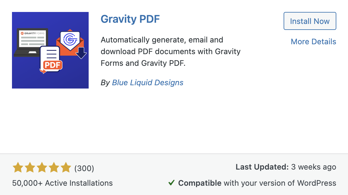 Gravity PDF plugin description with install button and compatibility info for WordPress users
