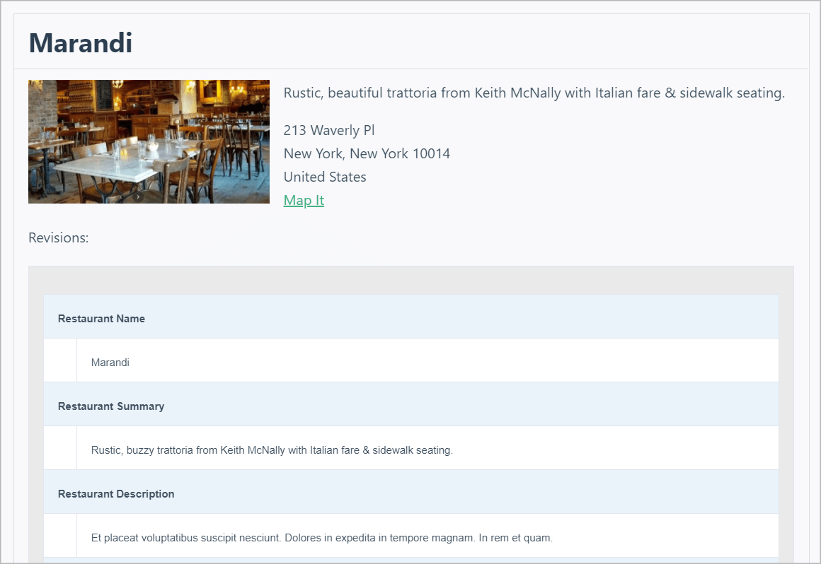 Restaurant info page showing Marandi's name, summary, description, and address details with map link