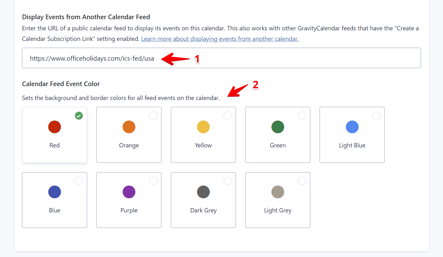 Enter a calendar feed URL and select event color for display in a calendar