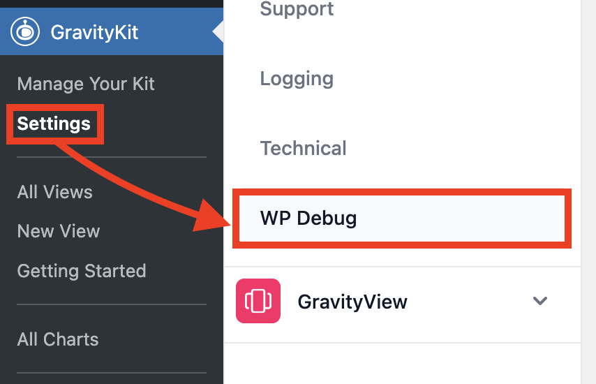 GravityKit menu highlighting path: Settings, then WP Debug option