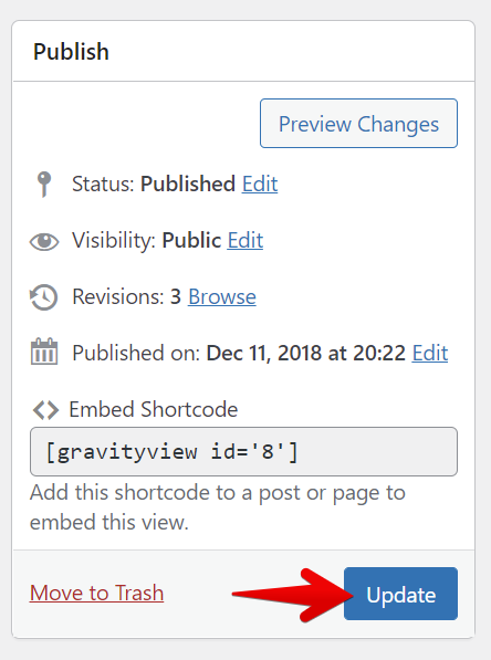 Update post settings including status, visibility, and revisions; use provided shortcode for embedding
