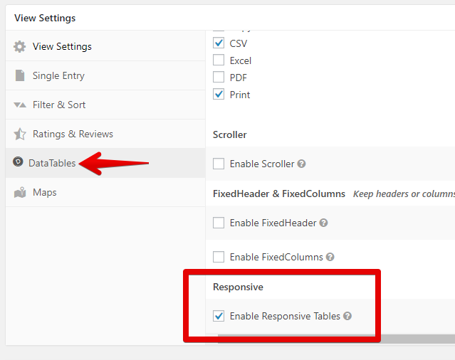 Settings panel with "Enable Responsive Tables" checkbox selected under DataTables