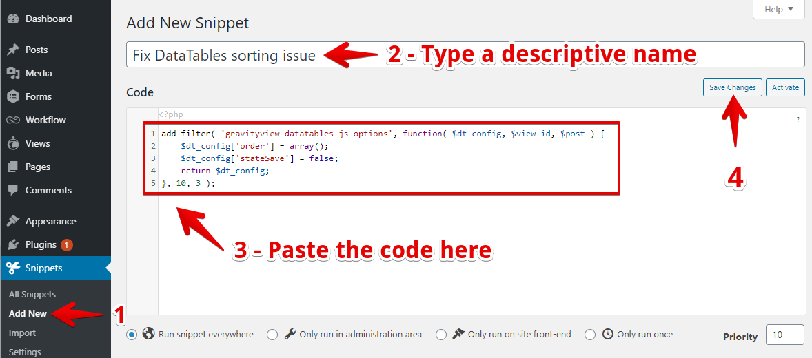 Add a new PHP snippet with a description and save changes