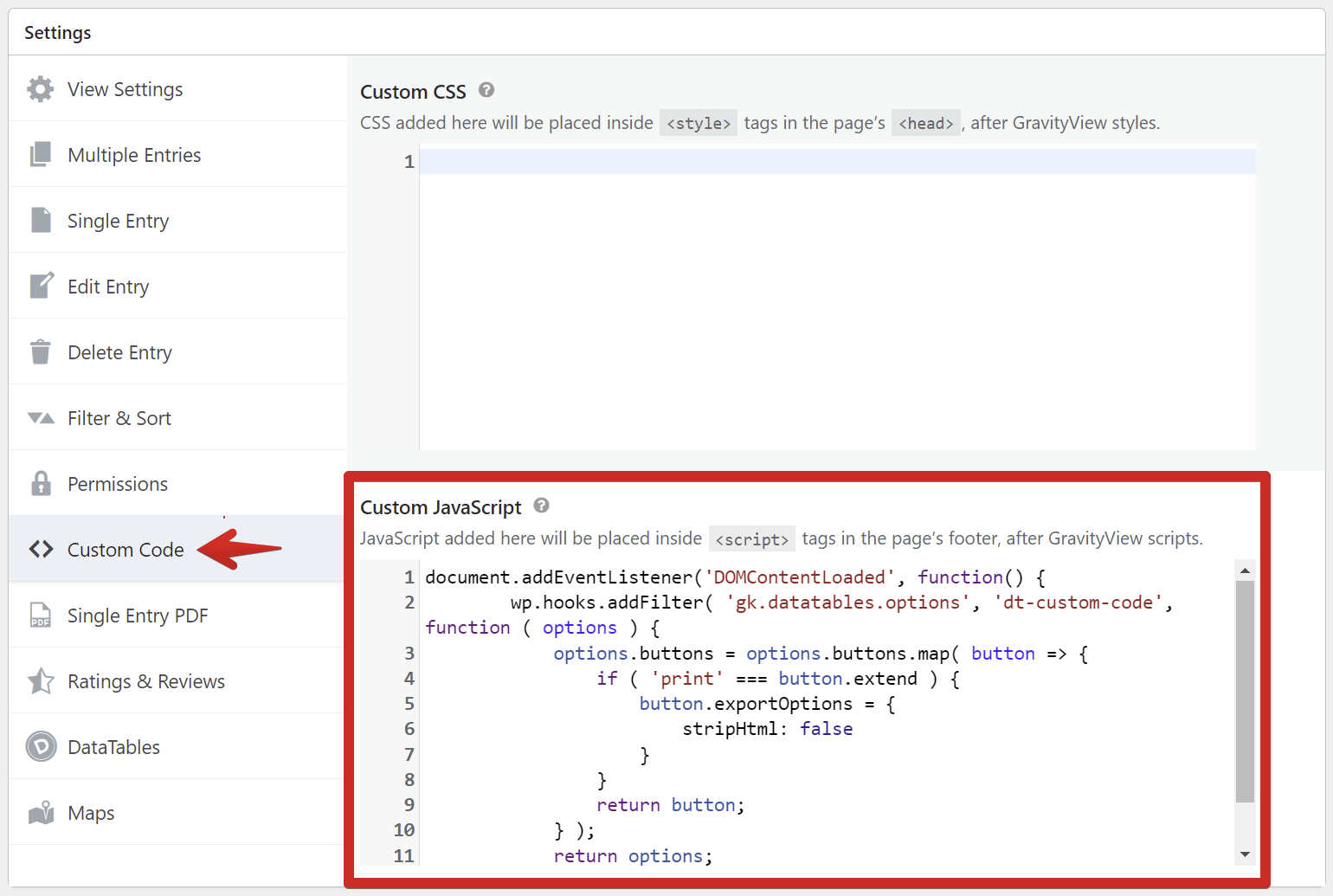 Custom JavaScript code for configuring DataTables PDF export settings in GravityView