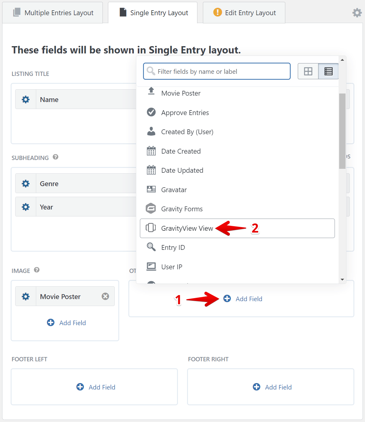 Selecting "GravityView View" from a dropdown to embed inside another view
