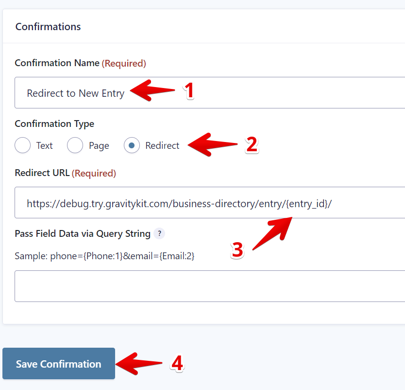 Confirmation setup for redirecting to a new Gravity Forms entry, highlighting redirect URL and save button