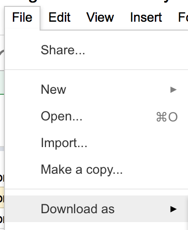 Dropdown menu under File in Google Sheets, showing options including Download as