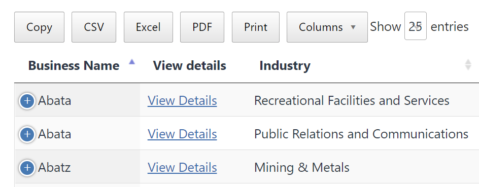 DataTables export buttons with sample entries for business name, details, and industry