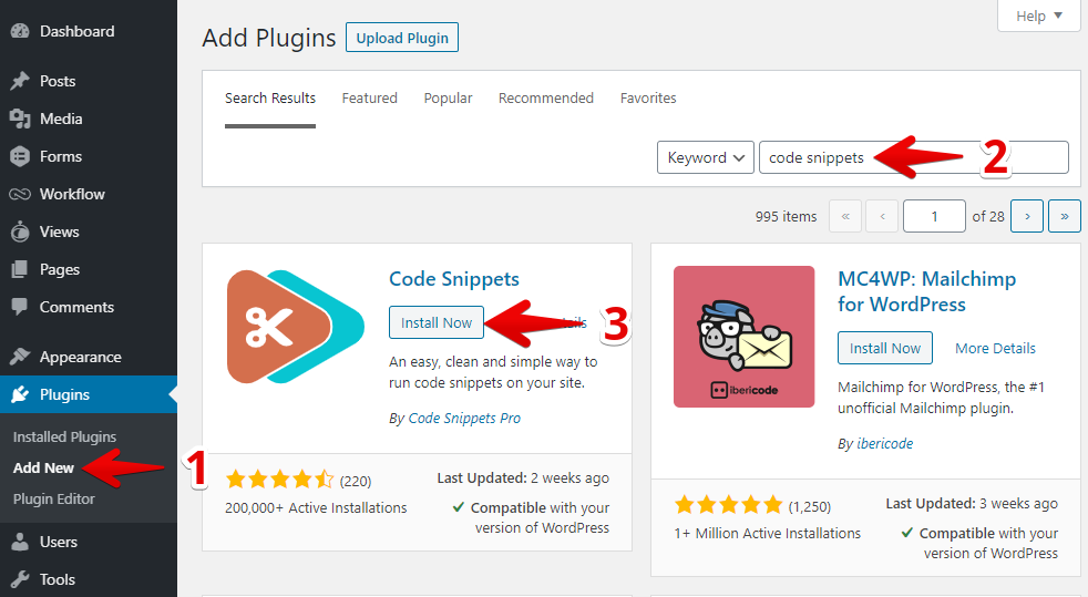 Adding Code Snippets plugin in WordPress: Go to Add New, search "code snippets," click Install Now