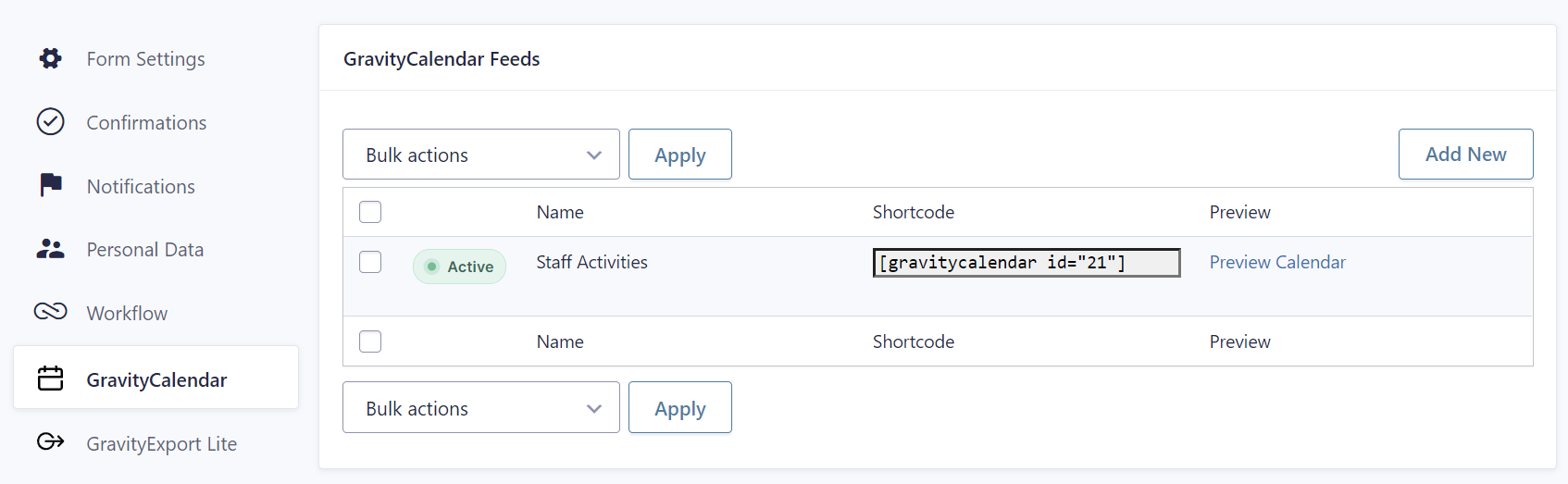 GravityCalendar interface displaying active feed "Staff Activities" with shortcode. Options to add new feeds