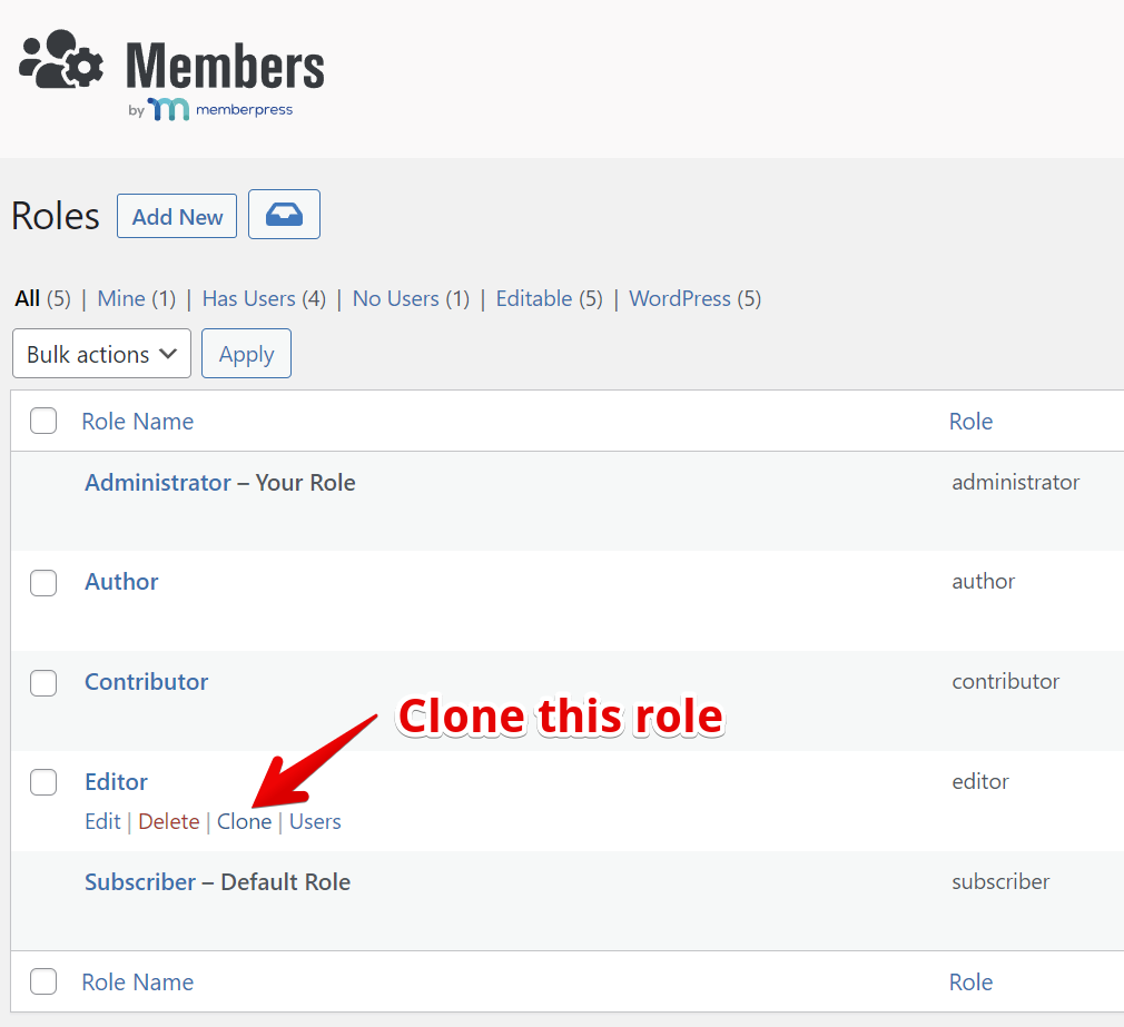 Roles list with options to edit, delete, clone, or view users for the "Editor" role