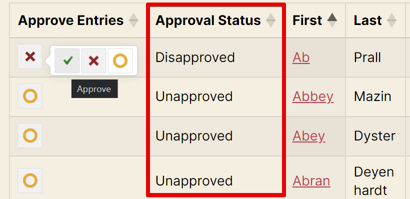 Approval status table showing entries marked Disapproved and Unapproved