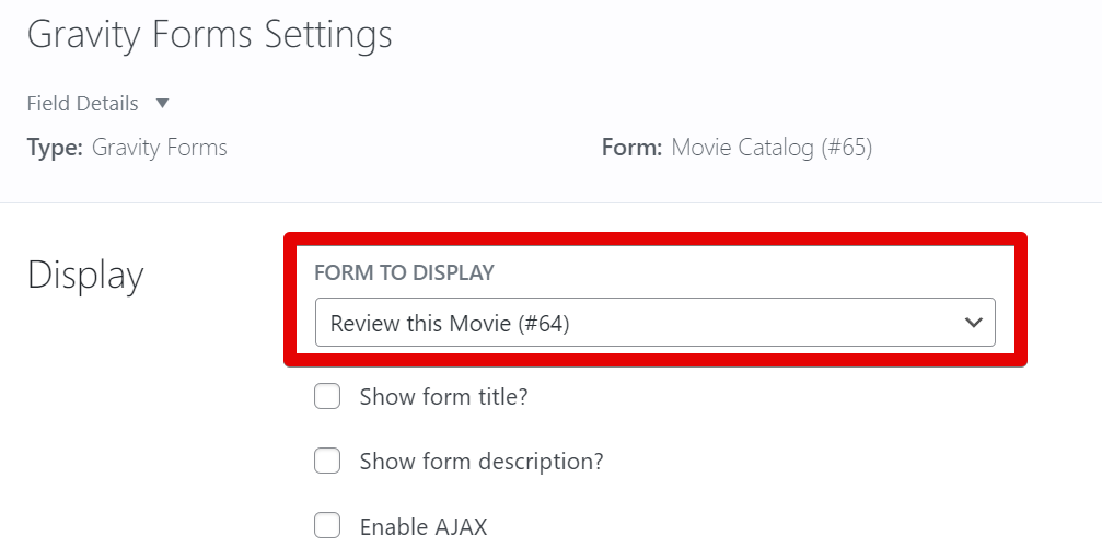 Gravity Forms settings with dropdown to select "Review this Movie" form. Options to show title, description, or enable AJAX
