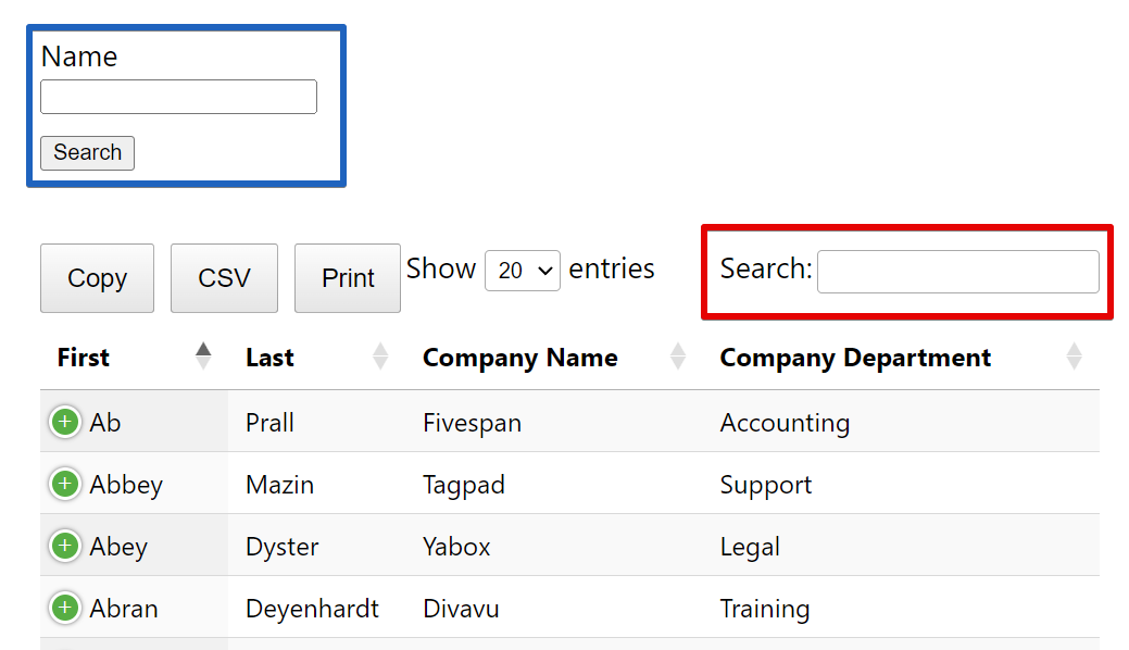 DataTables interface with search filters, export buttons, and a data table listing names and companies