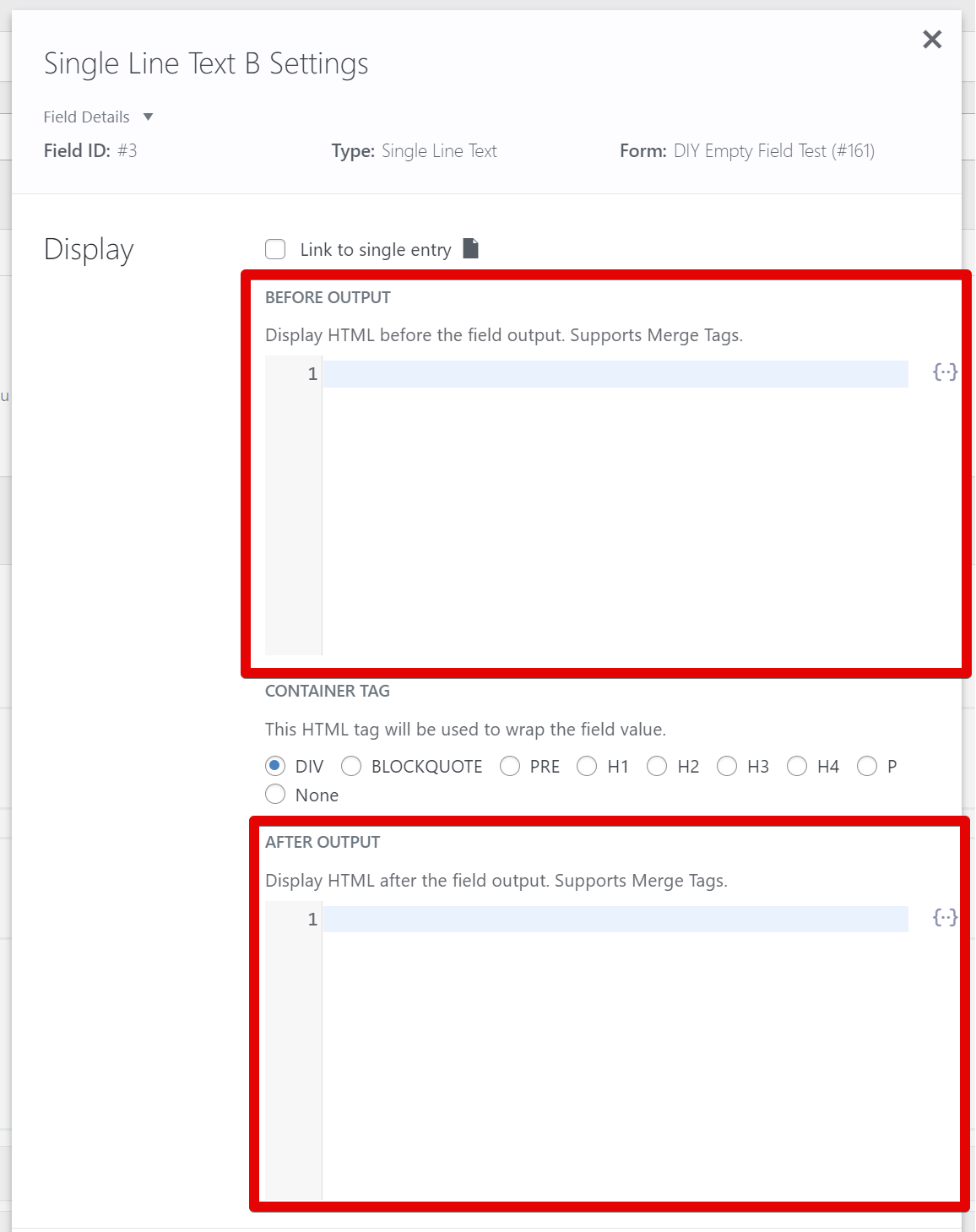 Settings for displaying HTML before and after text field, supporting merge tags