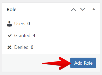 Role management panel with users, granted, denied counts; button to add role