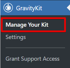 Navigational menu with "Manage Your Kit" highlighted for license management