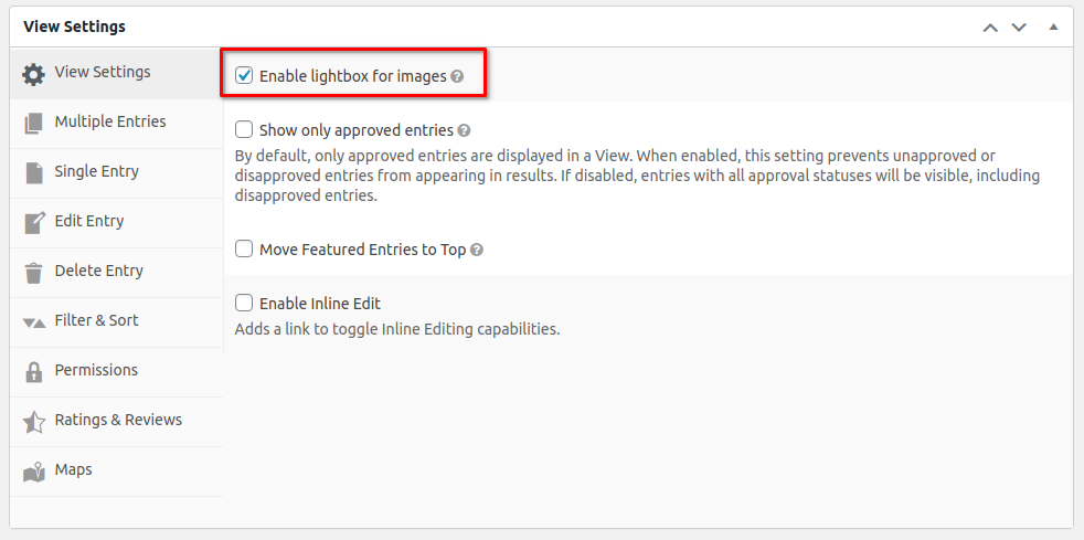 Enable lightbox for images option checked in view settings panel
