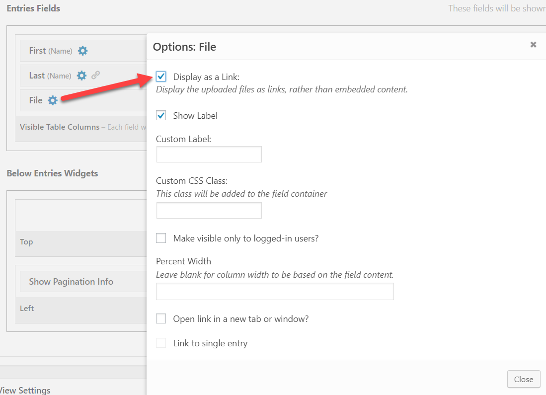 Options menu with "Display as a Link" and "Show Label" checkboxes checked