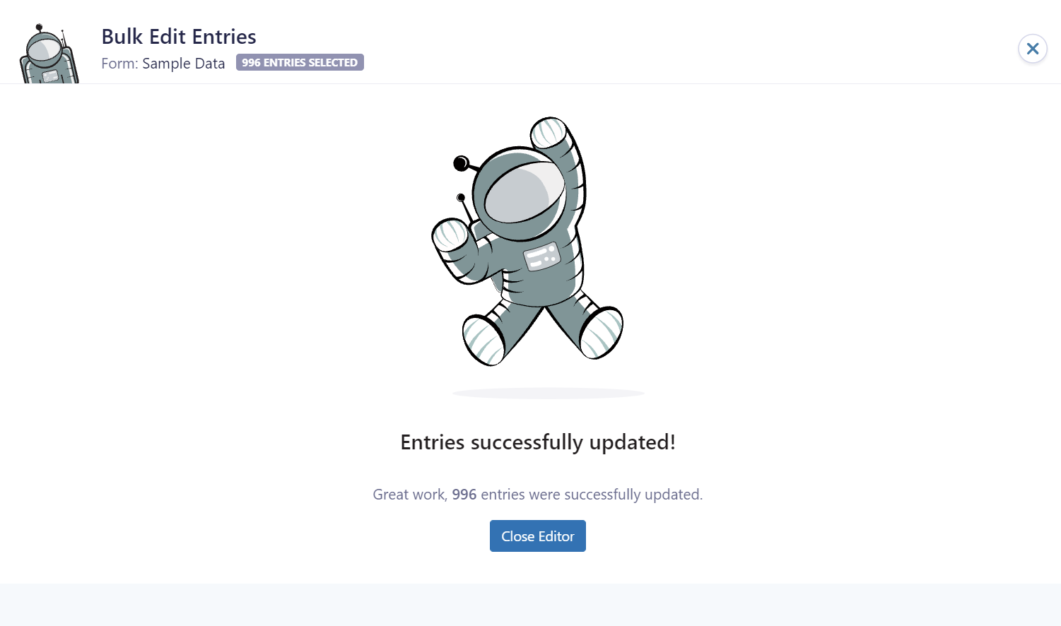 Bulk edit confirmation: 996 entries updated successfully, close editor button available