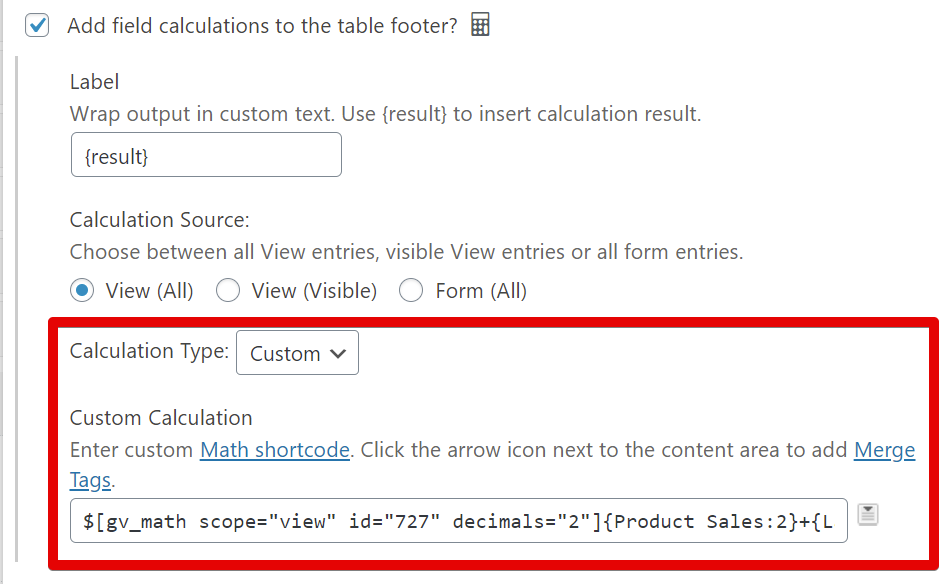 Add field calculations with custom type and math shortcode in settings