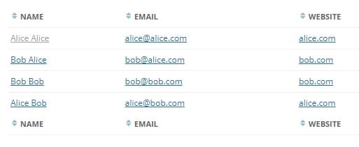 Table shows two identically structured sets of columns: Name, Email, and Website