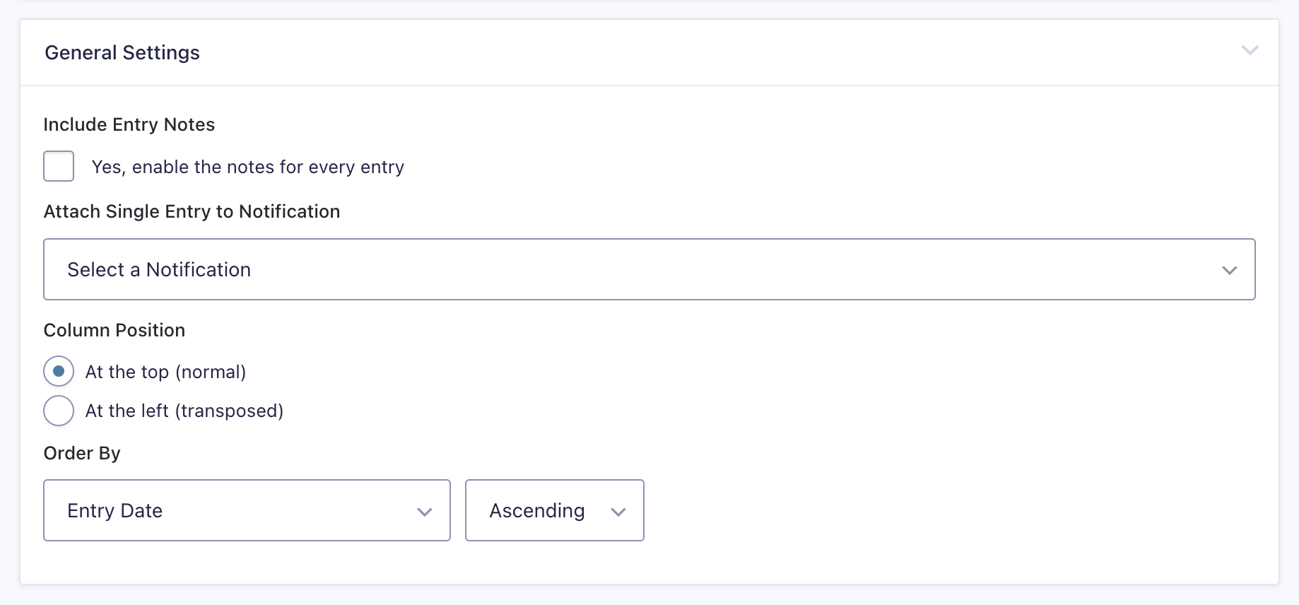 General Settings for GravityExport Lite: Include Entry Notes, Attach Entry to Notification, Column Position, Order By