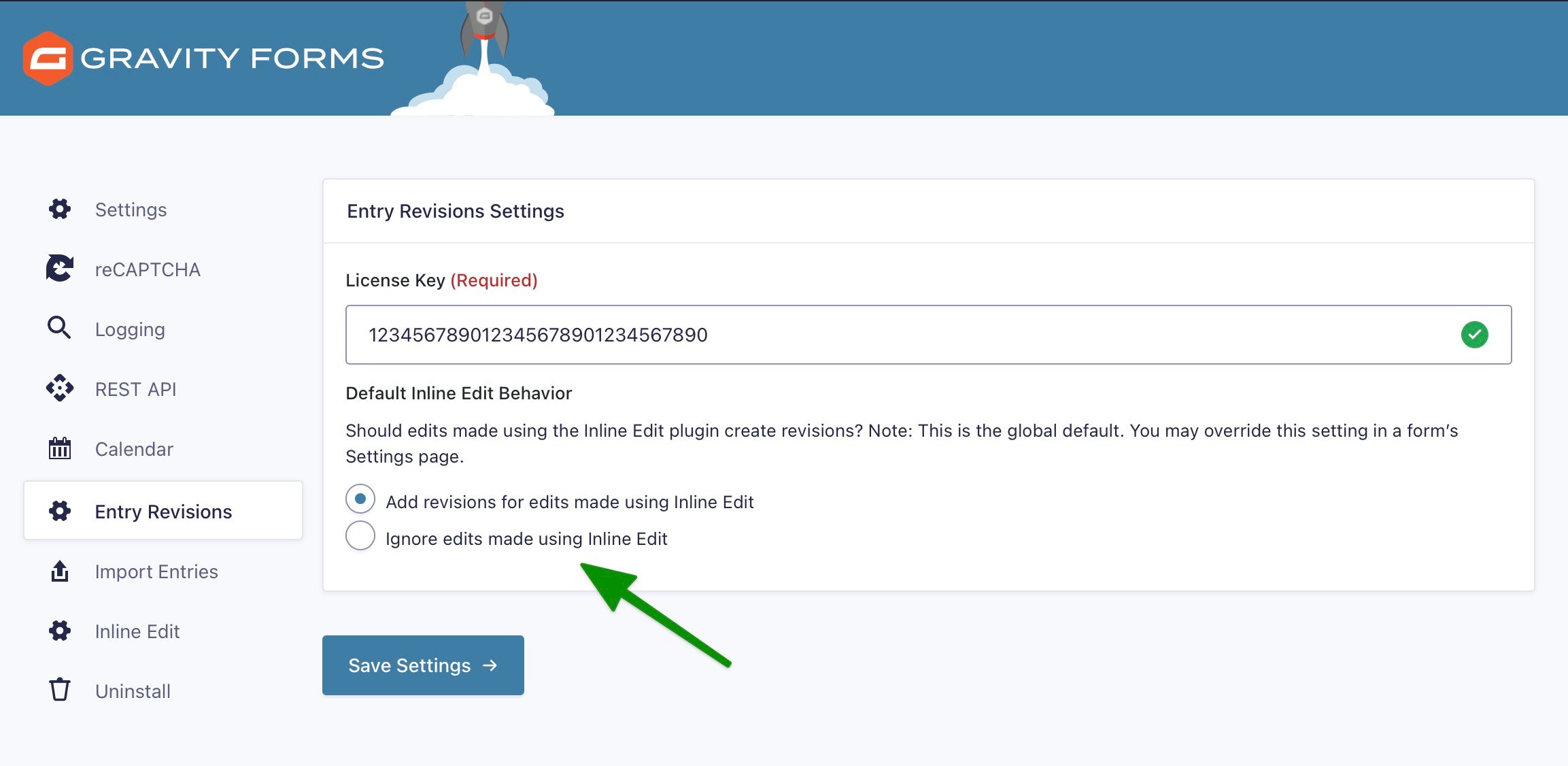 Entry Revisions settings for Inline Edit with options to add or ignore revisions. Save settings button shown