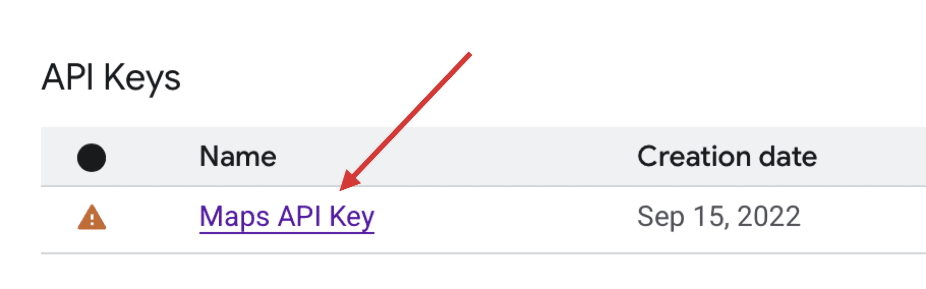 API key with a warning symbol and date of creation, highlighting a potential error