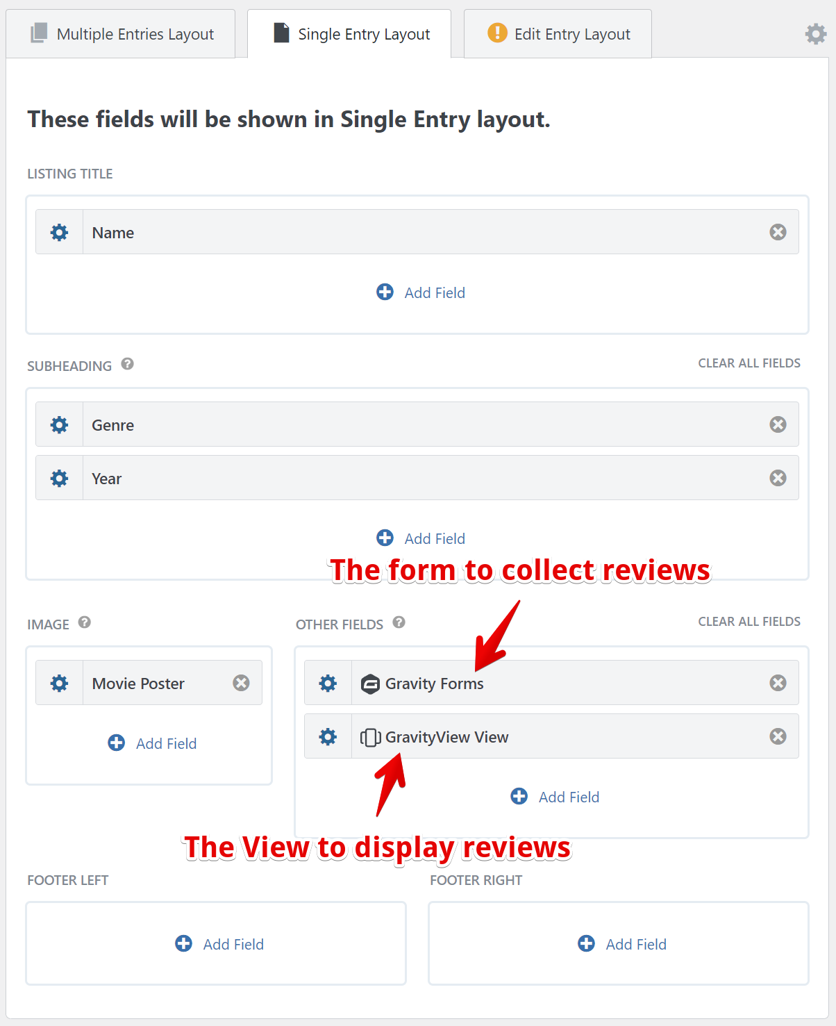 Single entry layout showing fields for name, genre, year, movie poster, and Gravity Forms for reviews