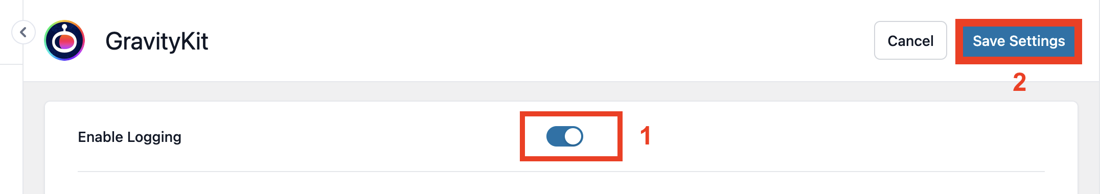 Enable logging toggle and Save Settings button in GravityKit interface