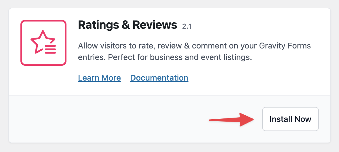 Ratings & Reviews setup prompt with "Install Now" button for Gravity Forms extensions