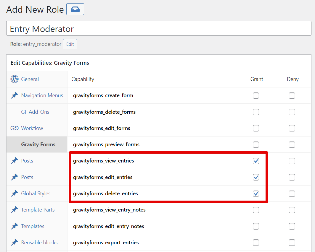 Creating "Entry Moderator" role with Gravity Forms entry management permissions checked