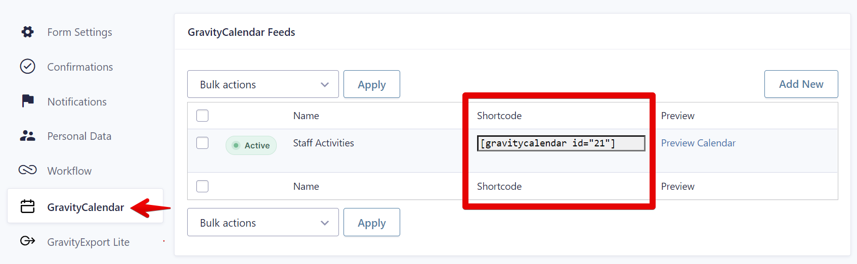 GravityCalendar interface showing shortcode for Staff Activities: [gravitycalendar id="21"]